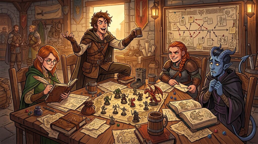 Quatre aventuriers fantasy autour d'une table de campagne longue, chacun révélant un comportement de jeu différent, style cartoon DnD