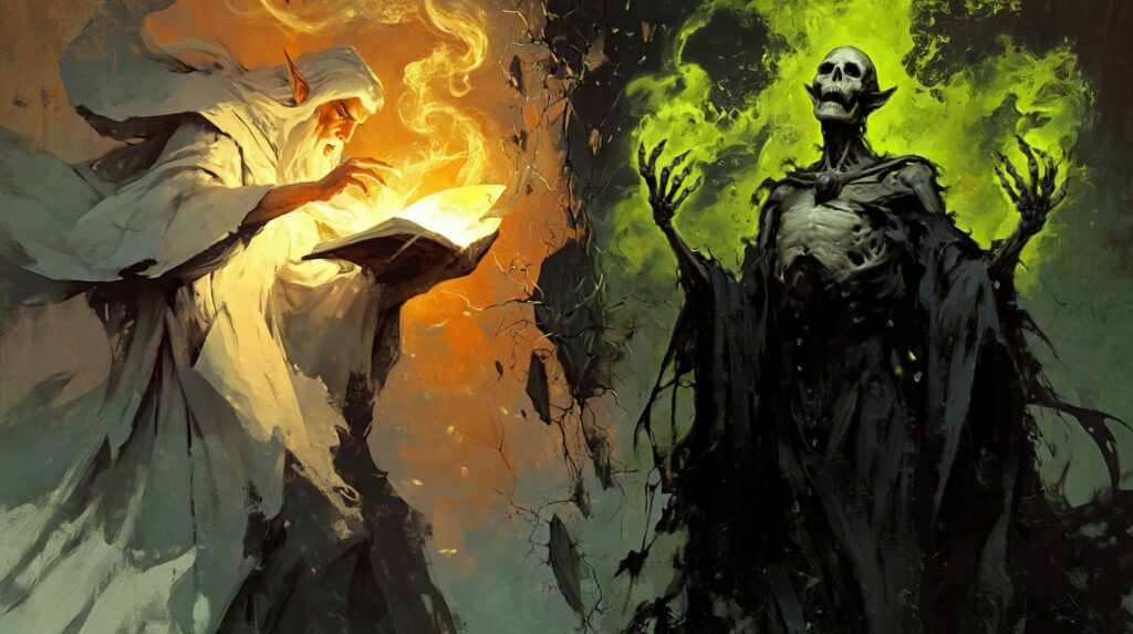 Mage elfe divisé en deux, côté lumineux en robe blanche avec grimoire doré et côté nécromancien en haillons noirs invoquant une flamme verte