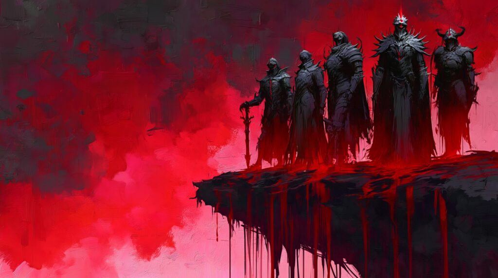 Un groupe de méchants protagonistes sur une corniche ensanglantée, illustration d'art fantasy.