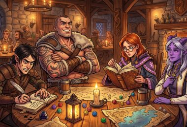 Quatre aventuriers fantasy aux personnalités contrastées assis autour d'une table de taverne couverte de cartes et de dés polyédriques