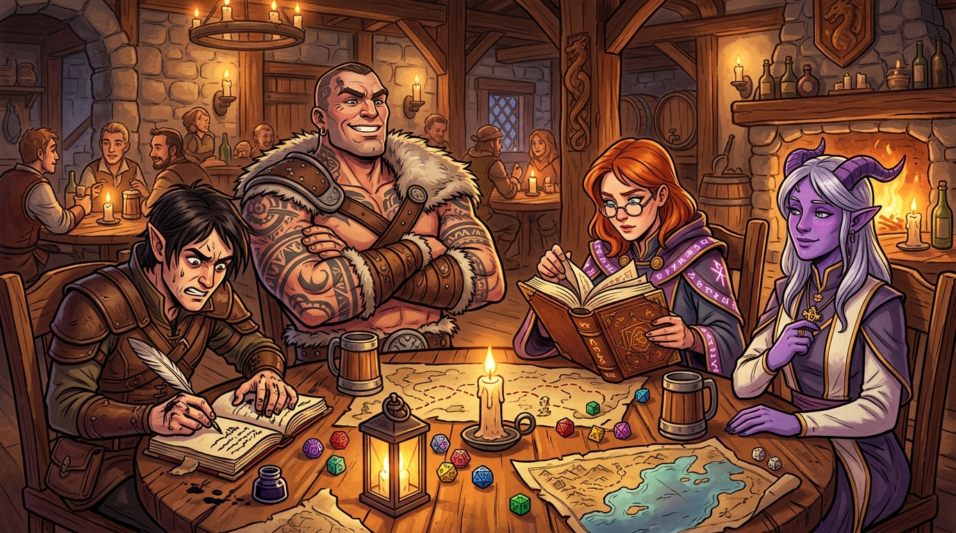 Quatre aventuriers fantasy aux personnalités contrastées assis autour d'une table de taverne couverte de cartes et de dés polyédriques