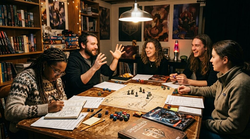 Une table de rolistes Quatre aventuriers et un MJfantasy aux personnalités contrastées assis autour d'une table de taverne couverte de cartes et de dés polyédriques