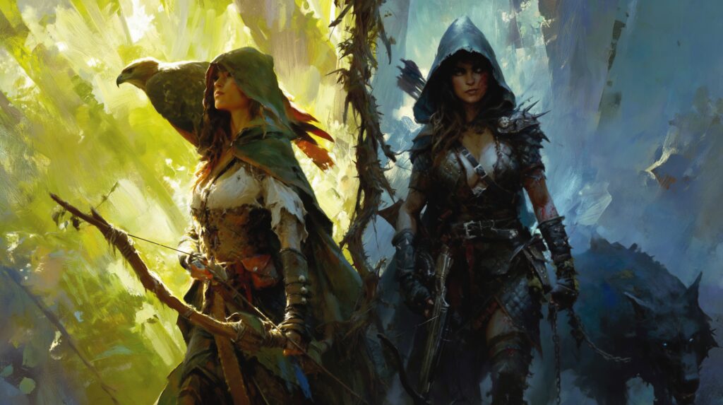 Illustration stylisée, héroïque fantaisie, une rondeuse et son familier opposé à son double sombre