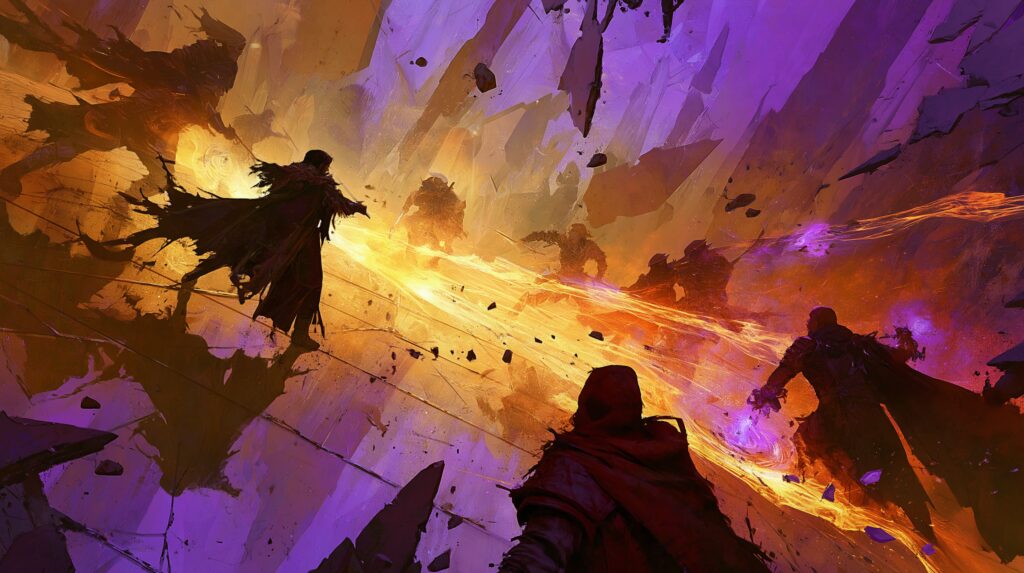 An epic battle scene inside a shattered mirror dimension where two groups of fantasy warriors clash, reflective shards floating in the air showing distorted images of the fighters, dynamic action poses with spell effects and weapon trails, epic fantasy battle art with crystalline reflections and dramatic purple-gold color scheme