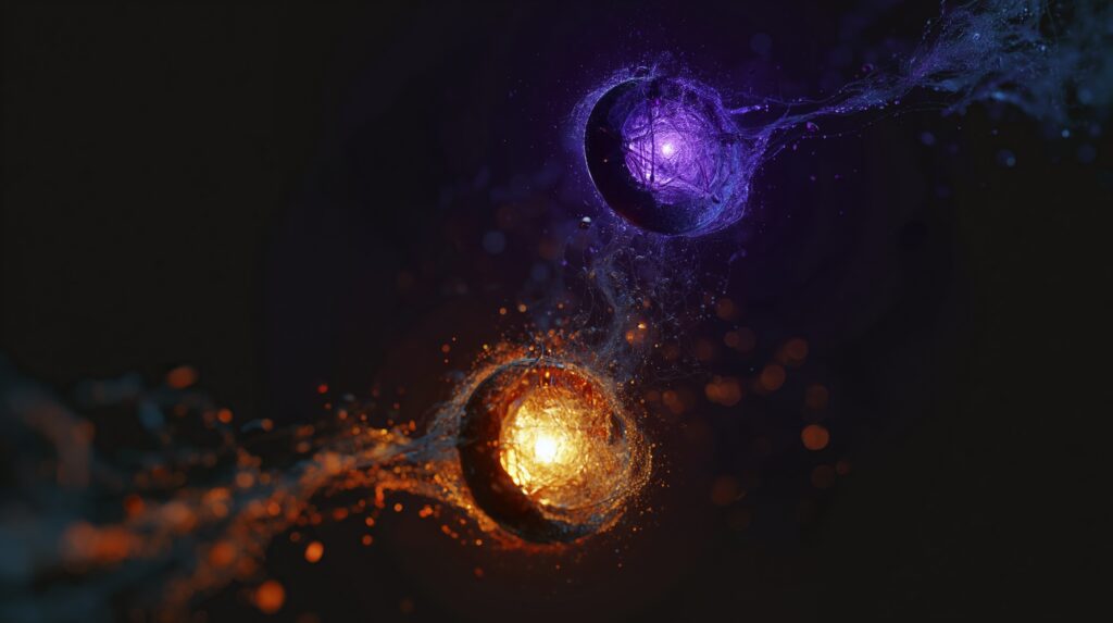 Illustration symbolique, deux orbes magiques antagonistes.