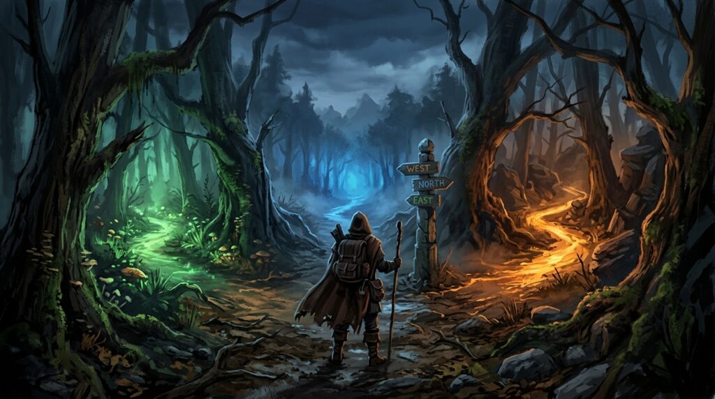 Aventurier à la croisée de trois chemins dans une forêt sombre, symbolisant les points de pivot d'un scénario de JDR
