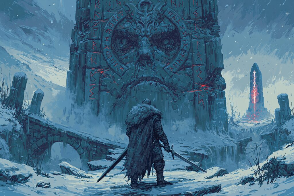 Aventurier nordique solitaire face a un monument runique