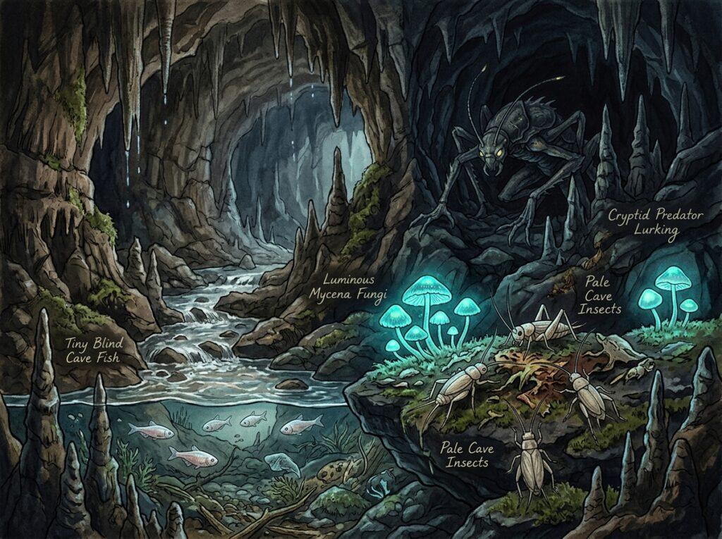 Écosystème souterrain fantasy illustrant une chaîne alimentaire avec poissons aveugles, insectes et prédateur embusqué