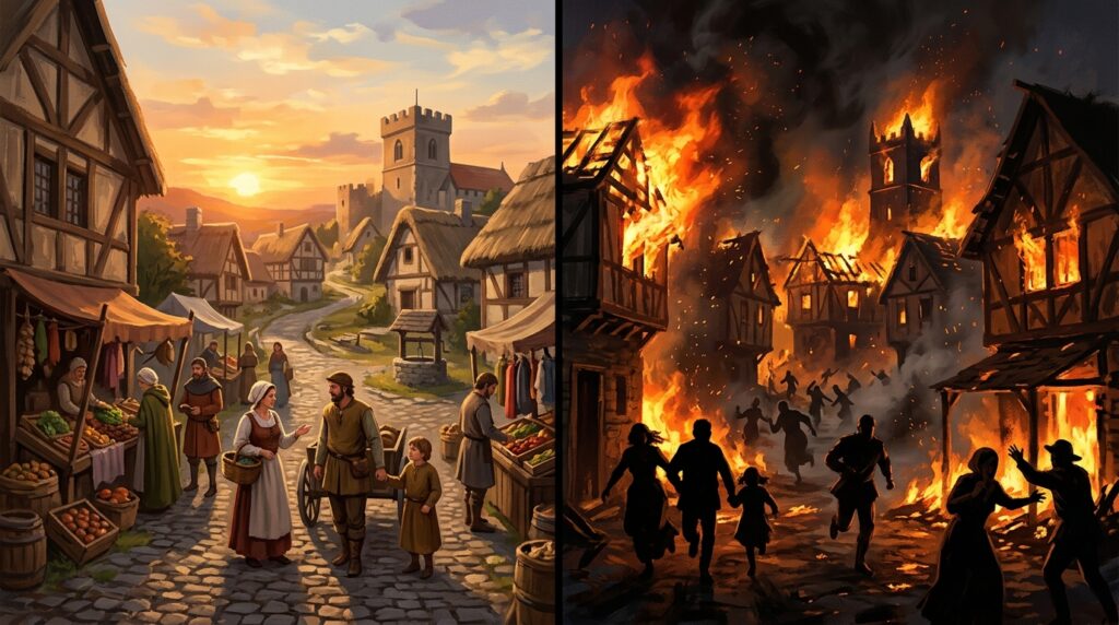 Contraste entre un village médiéval paisible le jour et le même village en flammes la nuit, alternance de rythme dans un scénario JDR