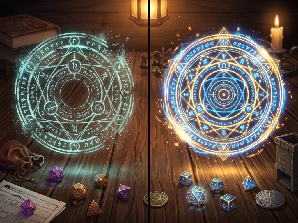 Comparaison visuelle de deux cercles arcaniques illustrant les changements de sorts entre D&D 2014 et l'édition 2024 au-dessus d'une table de jeu de rôle