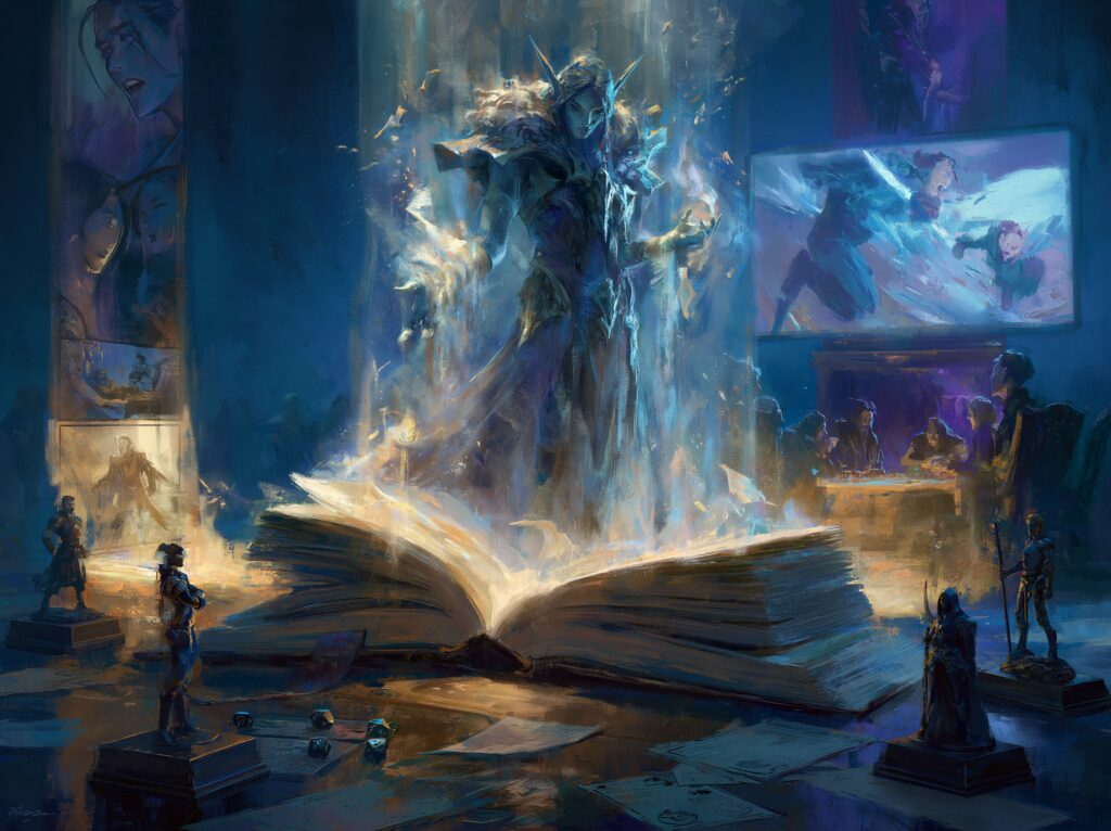 Explosion transmédia du LitRPG en 2026 avec romans, BD, dés de JDR et écrans de streaming jaillissant d'un livre ouvert