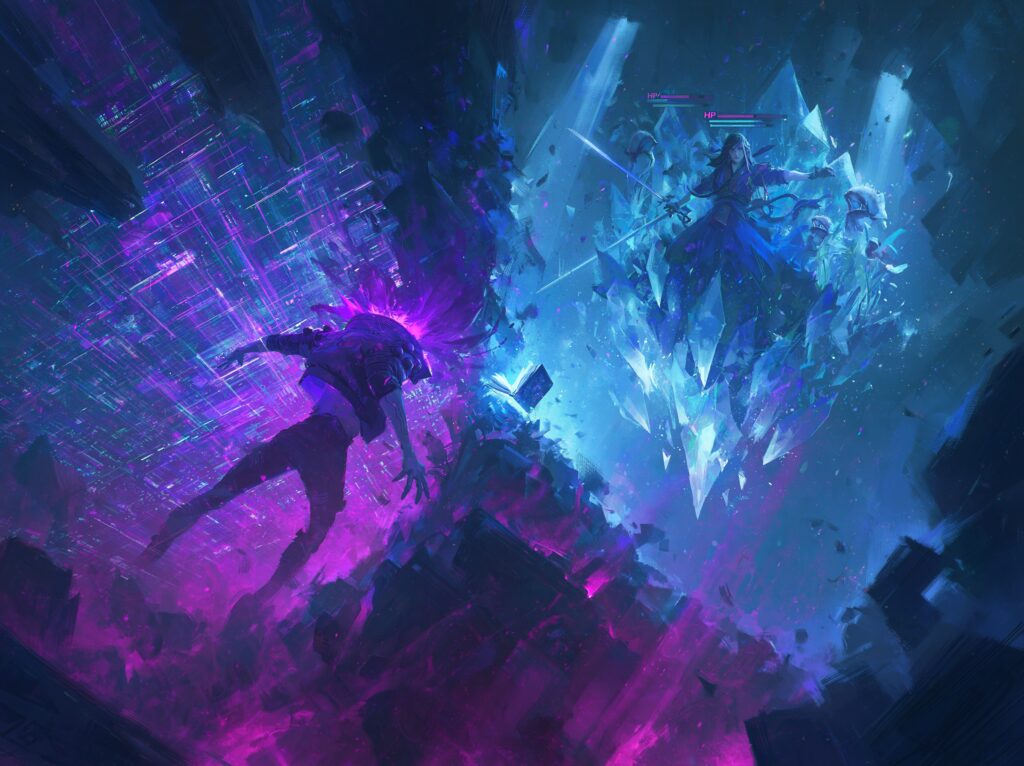Fusion visuelle des origines du LitRPG entre cyberpunk occidental et univers de MMORPG japonais façon Sword Art Online