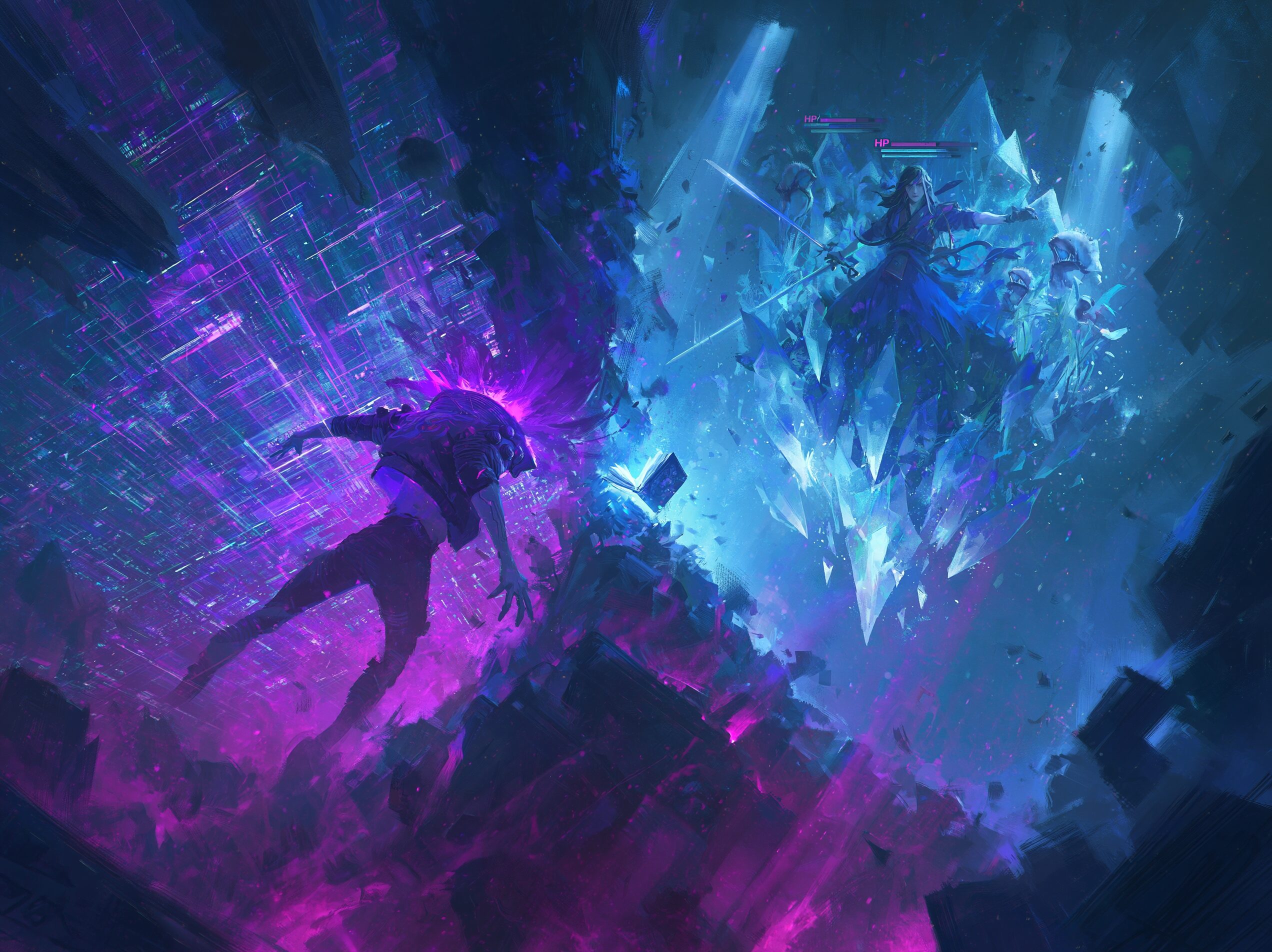 Fusion visuelle des origines du LitRPG entre cyberpunk occidental et univers de MMORPG japonais façon Sword Art Online