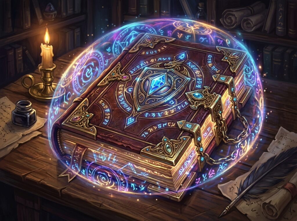 illustration grimoire enchanté sous protection magique