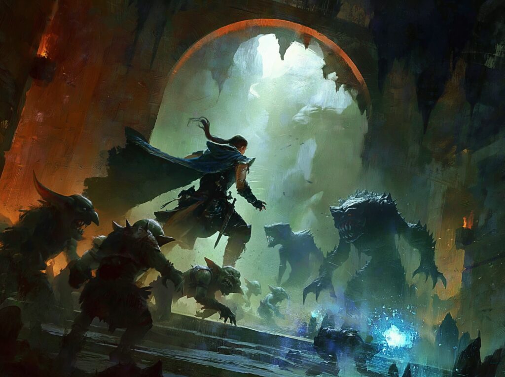 Scène chaotique de donjon après que des aventuriers ont perturbé l'équilibre entre factions et créatures