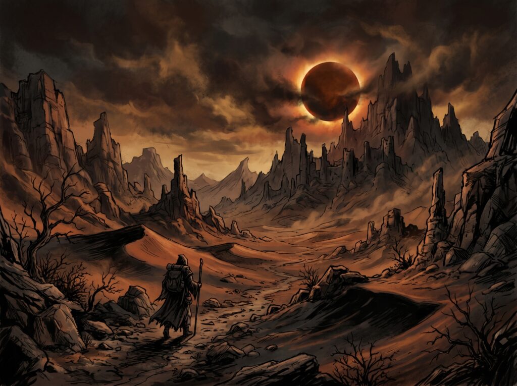 Illustration d'une terre dévastée et asséchée Un homme seul avance, luttant contre la soif. Un soleil brun l'observe.