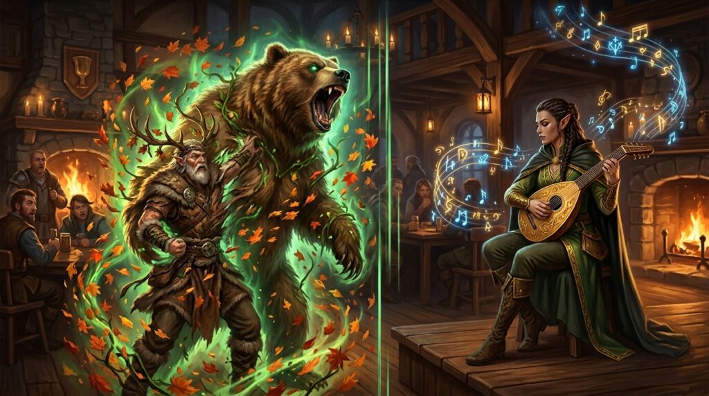 Druide se transformant en ours et barde jouant du luth avec des notes magiques, les deux outsiders des classes de casters D&D