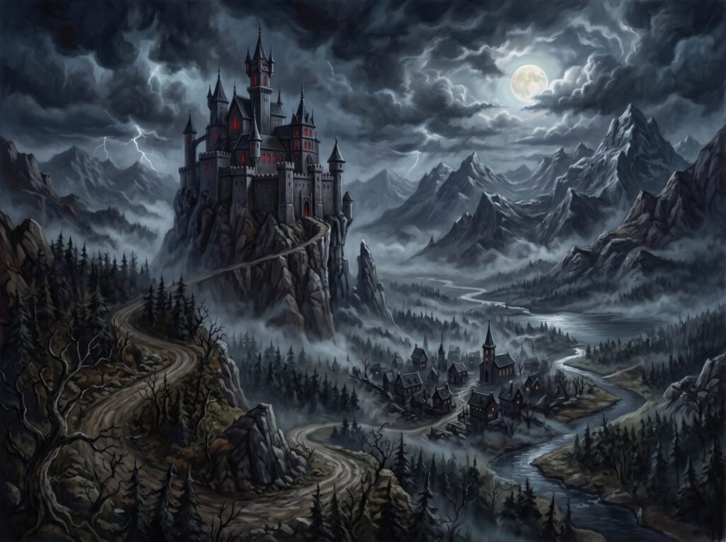 Illustration d'un château lugubre dans une région d'horreur.