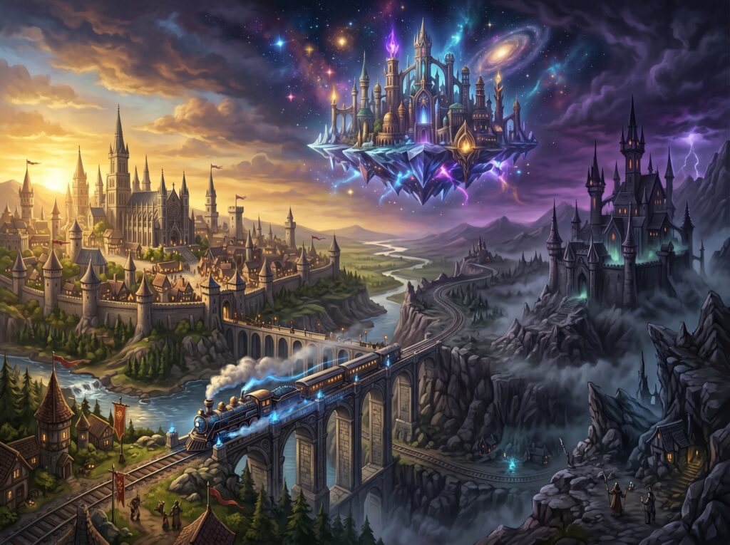 Illustration de quatre univers de donjons et dragons qui se regroupent en un seul endroit.