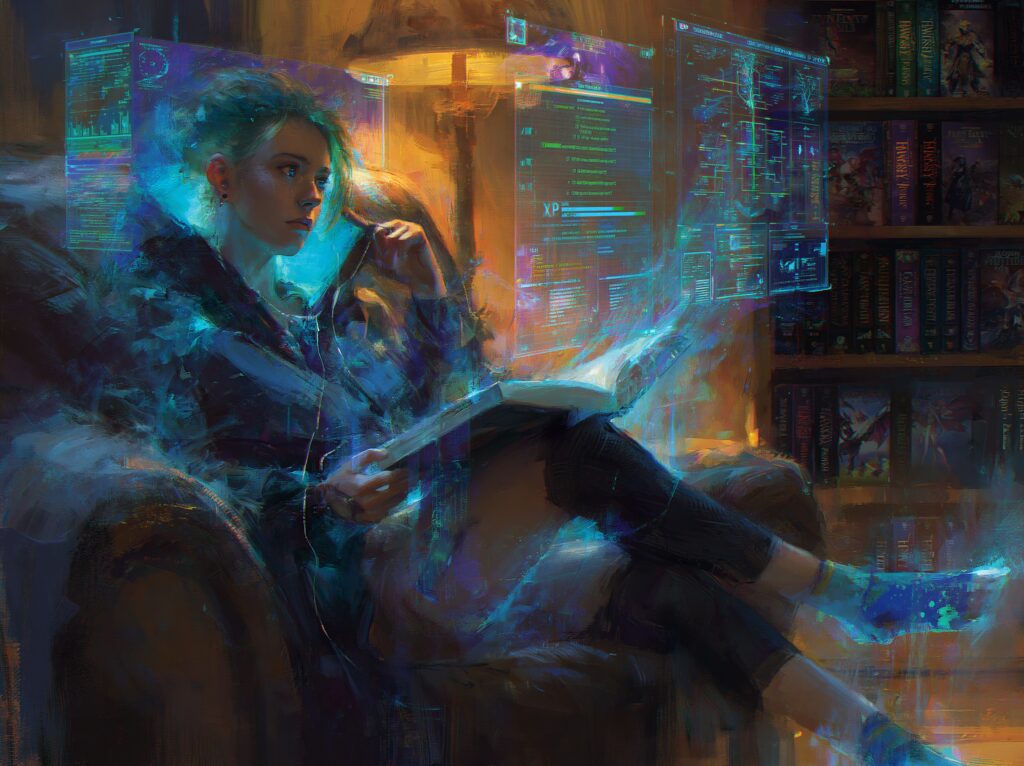 Lecteur plonge dans un roman LitRPG