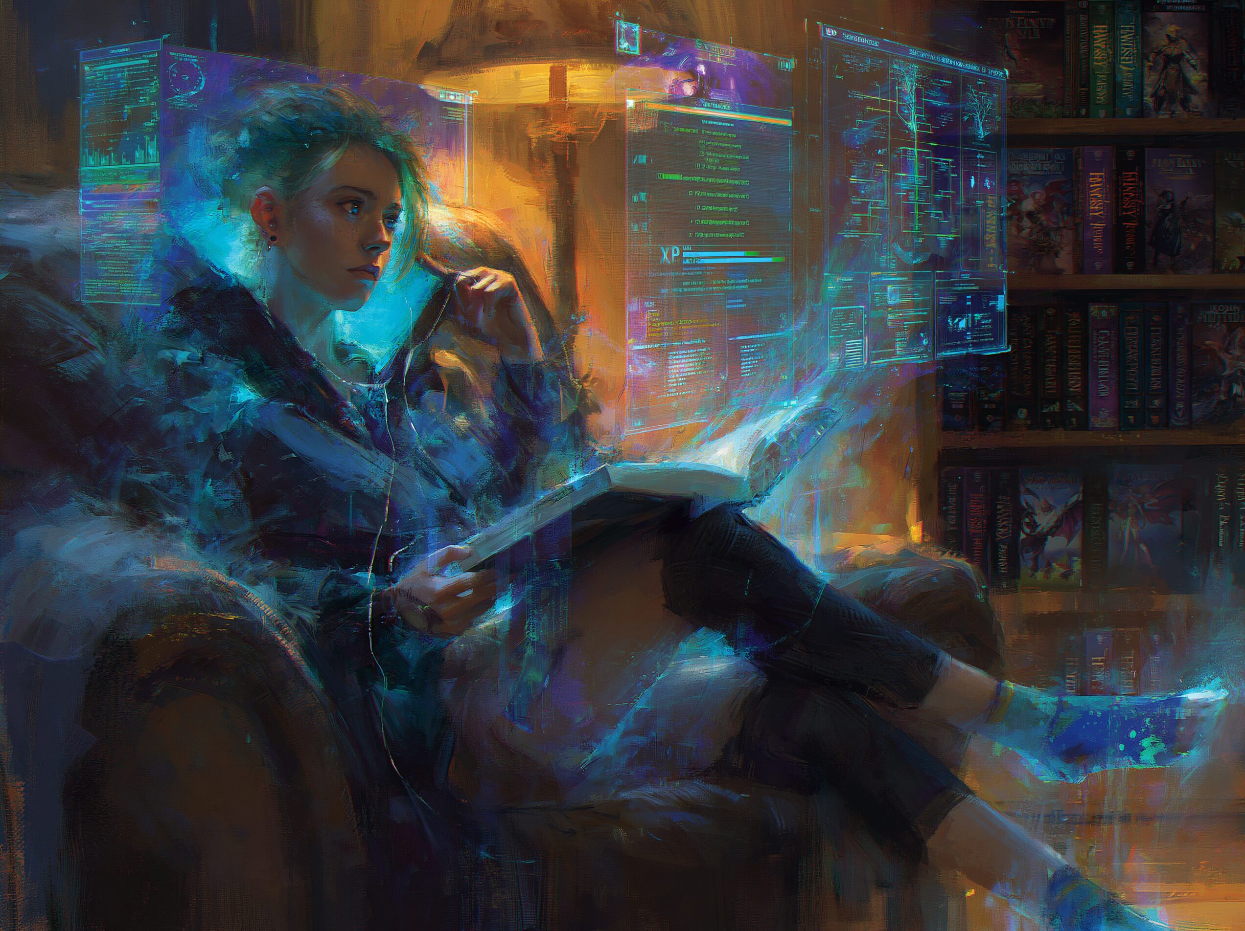 Lecteur plonge dans un roman LitRPG