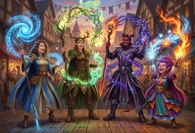 llustration style donjon et dragon, quatre lanceurs de sorts, druides, sorciers, mages, warlocks font une démonstration flamboyante de leur talent.