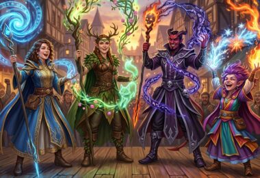 llustration style donjon et dragon, quatre lanceurs de sorts, druides, sorciers, mages, warlocks font une démonstration flamboyante de leur talent.