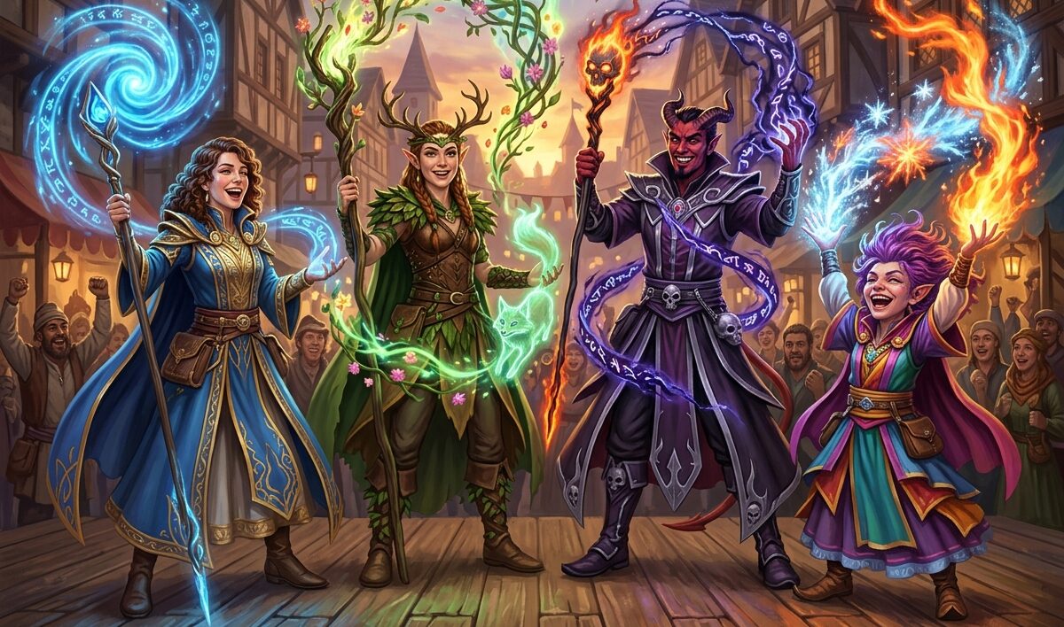 llustration style donjon et dragon, quatre lanceurs de sorts, druides, sorciers, mages, warlocks font une démonstration flamboyante de leur talent.