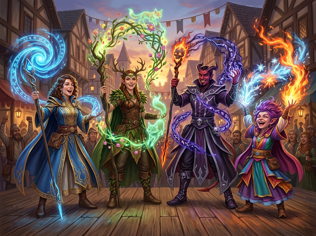 llustration style donjon et dragon, quatre lanceurs de sorts, druides, sorciers, mages, warlocks font une démonstration flamboyante de leur talent.