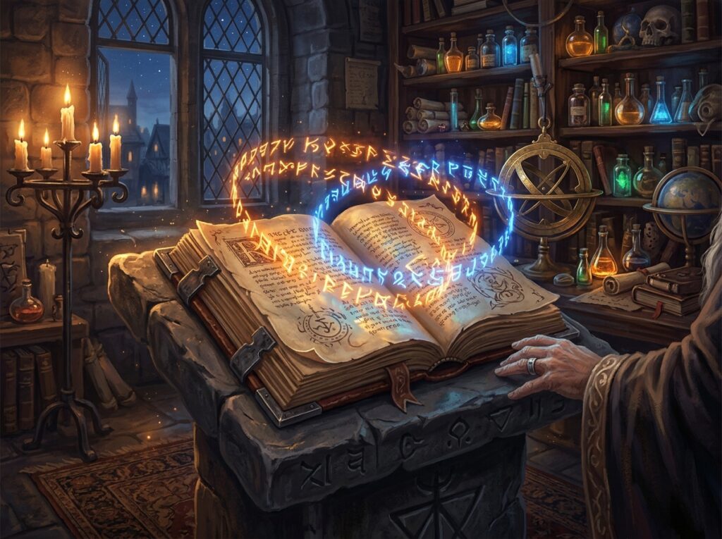 Grimoire ancien ouvert sur un lutrin de pierre avec des runes arcaniques lumineuses flottant au-dessus des pages dans un cabinet de magicien