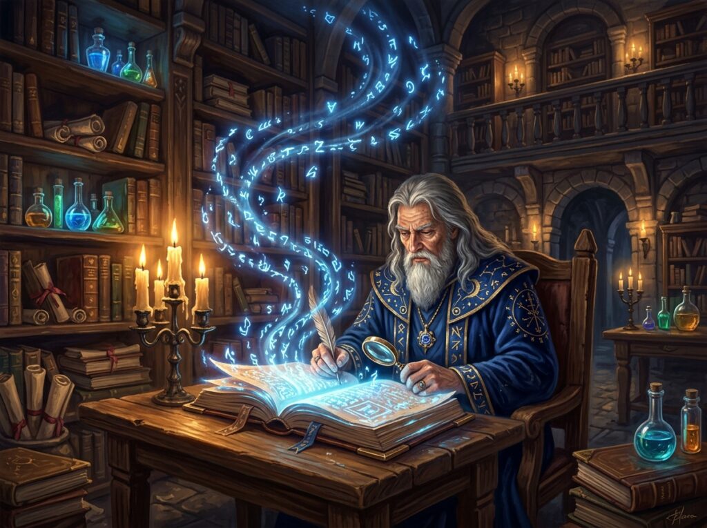 Magicien en robe bleue étudiant un grimoire lumineux dans une bibliothèque de pierre éclairée aux chandelles avec des symboles arcaniques flottants