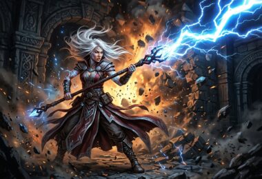Magicienne asiatique en posture de combat lançant un éclair depuis son bâton dans un donjon en ruine avec des tatouages arcaniques lumineux sur les avant-bras