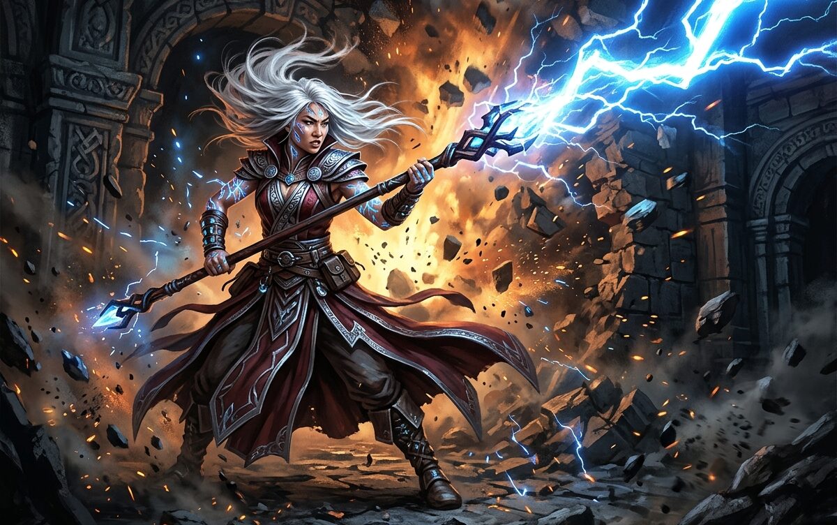 Magicienne asiatique en posture de combat lançant un éclair depuis son bâton dans un donjon en ruine avec des tatouages arcaniques lumineux sur les avant-bras