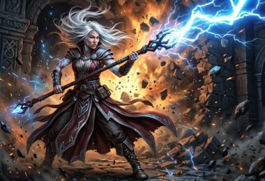 Magicienne asiatique en posture de combat lançant un éclair depuis son bâton dans un donjon en ruine avec des tatouages arcaniques lumineux sur les avant-bras