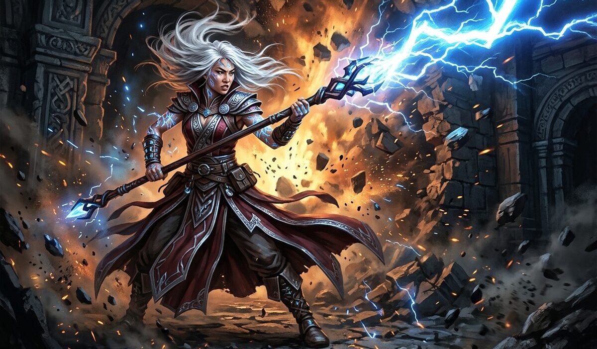 Magicienne asiatique en posture de combat lançant un éclair depuis son bâton dans un donjon en ruine avec des tatouages arcaniques lumineux sur les avant-bras