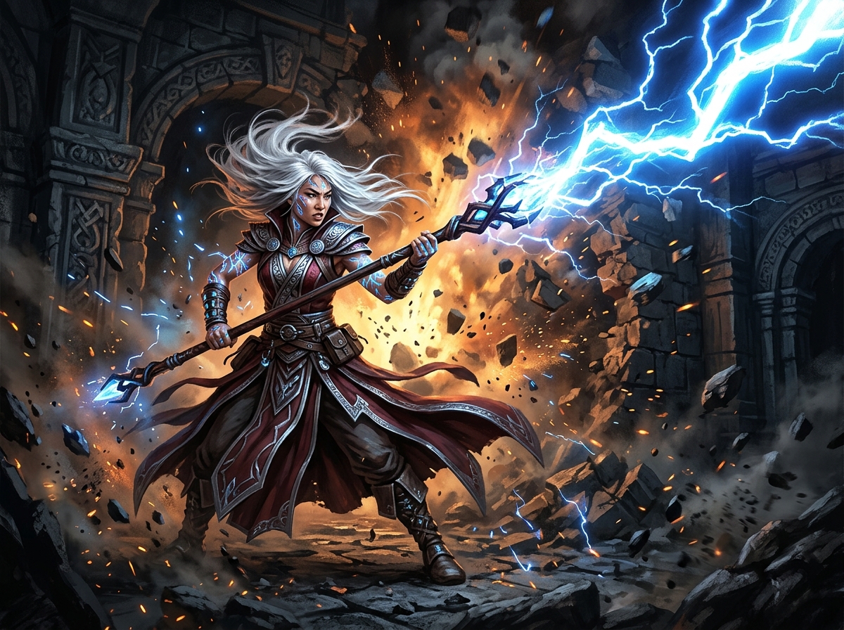 Magicienne asiatique en posture de combat lançant un éclair depuis son bâton dans un donjon en ruine avec des tatouages arcaniques lumineux sur les avant-bras