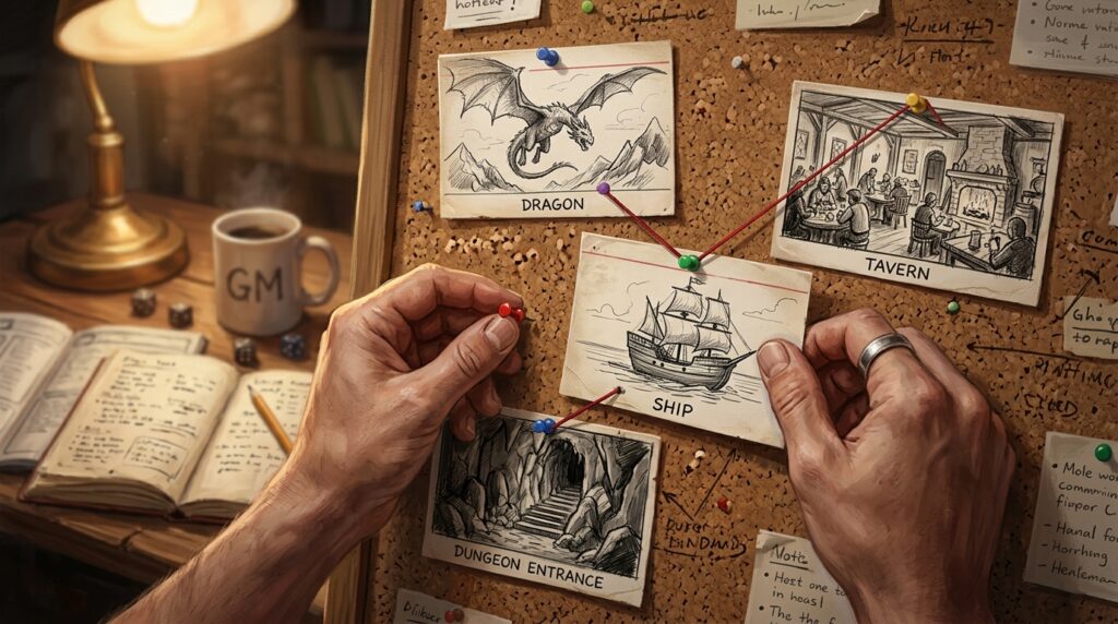 Mains de MJ organisant des fiches de scènes sur un tableau en liège avec du fil rouge, préparation de scénario JDR