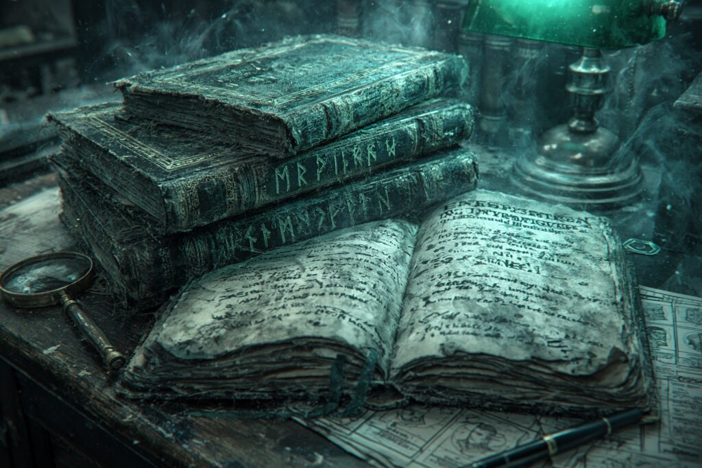 Pile de livres de JDR anglophones sur un bureau noir