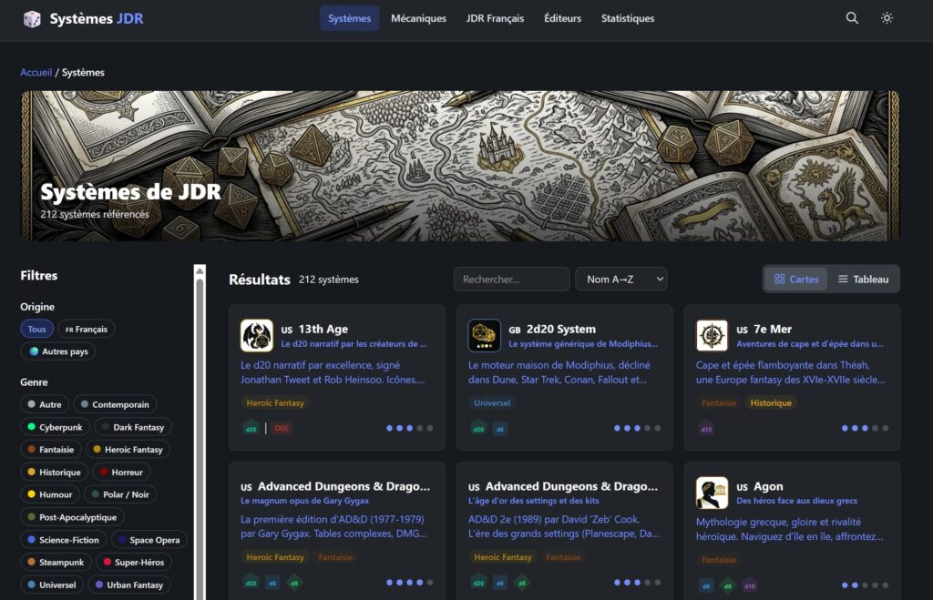 vu d'une des fonctionnalités du site sur les système de jeu de role sur table