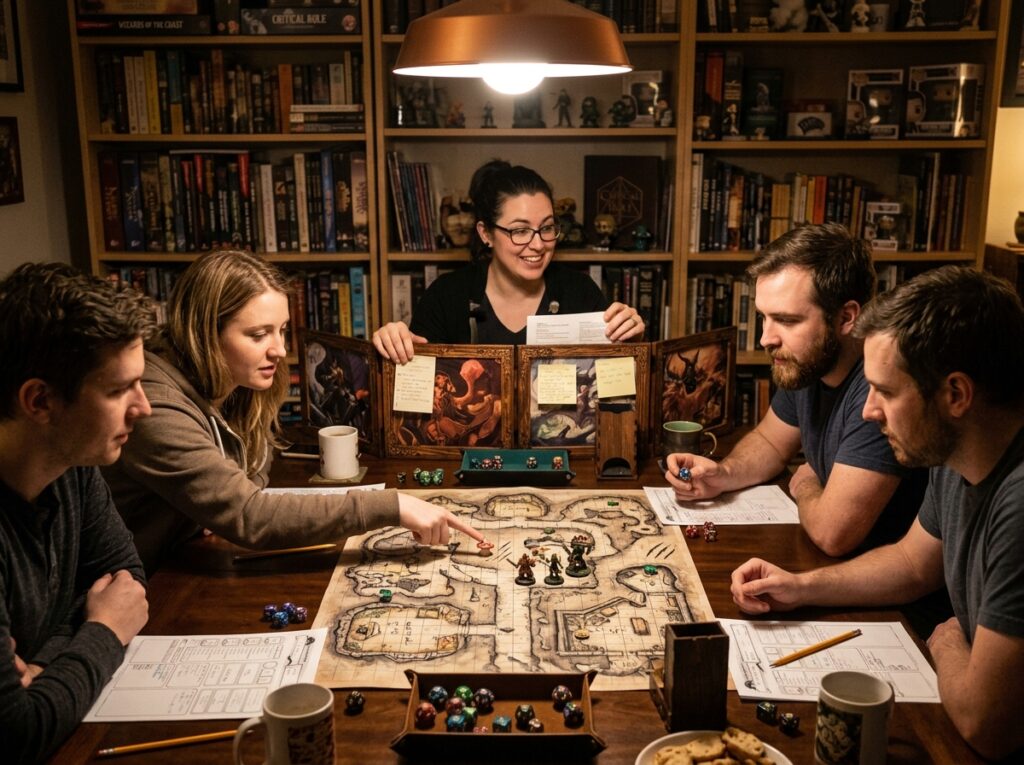 Une table de jeu de role ecosysteme de donjon femme maitre de jeu