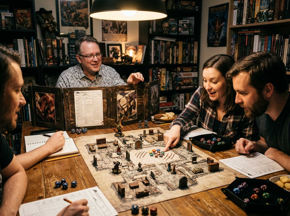 Meneur de jeu derrière un écran révélant une carte de donjon détaillée avec des indices environnementaux aux joueurs