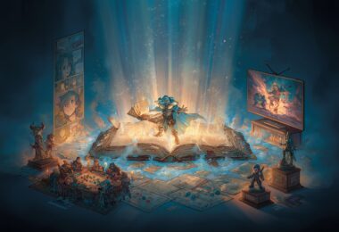 Écosystème transmédia du LitRPG avec romans, Webtoon, série télé, JDR sur table et figurines rayonnant d'un livre central
