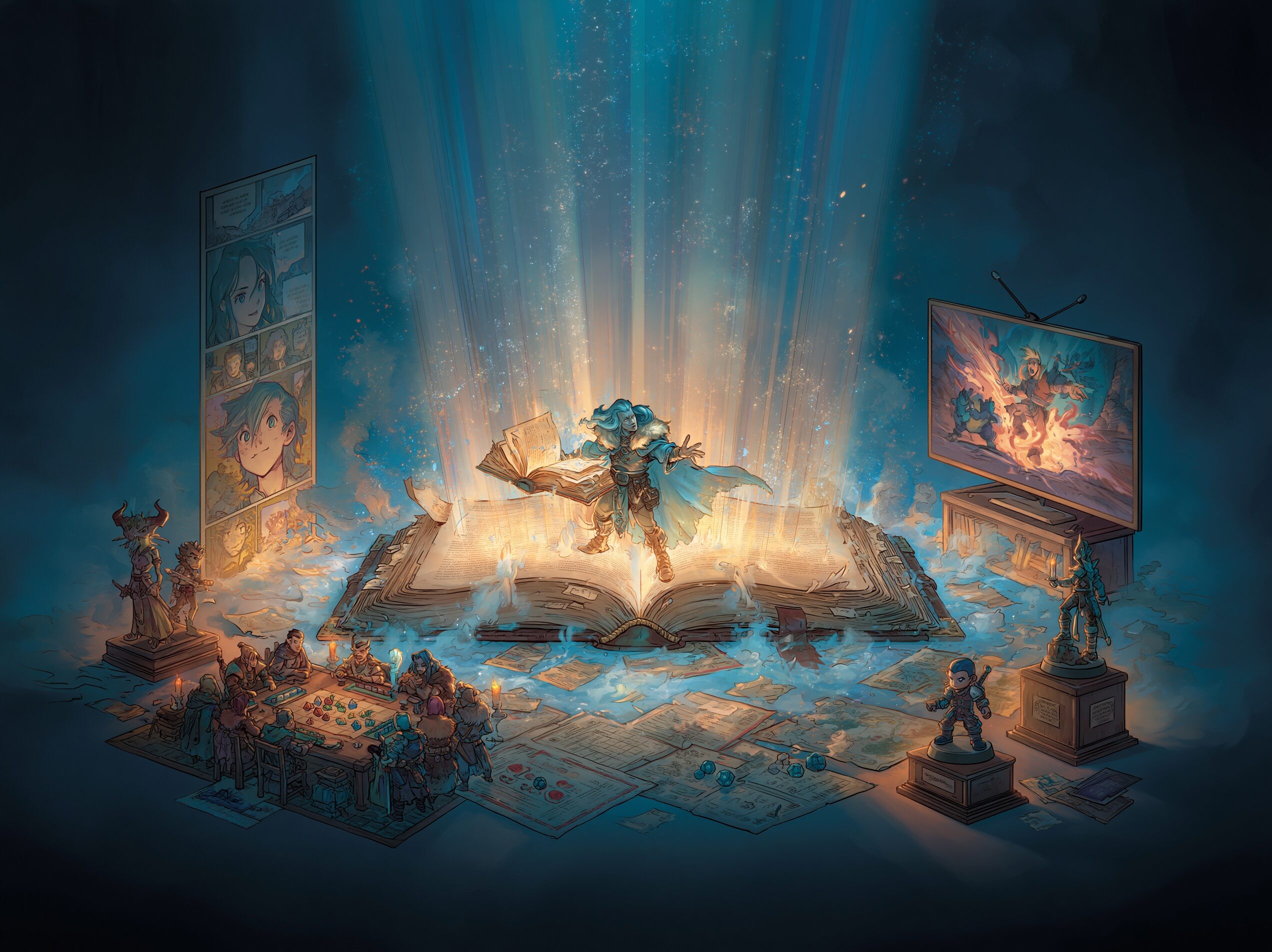 Écosystème transmédia du LitRPG avec romans, Webtoon, série télé, JDR sur table et figurines rayonnant d'un livre central