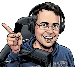 Portrait illustré de Fletch, rédacteur en chef de Geek Powa, avec casque audio et micro en setup streaming