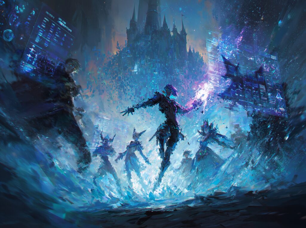 Joueurs prisonniers d'un MMORPG japonais avec fenêtres de stats flottantes, évoquant Sword Art Online et .Hack