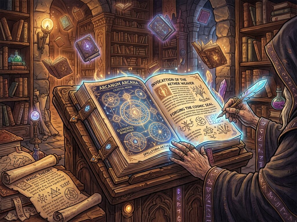 Un écrivoire de mage avec des sortilèges et des livres qui volent.