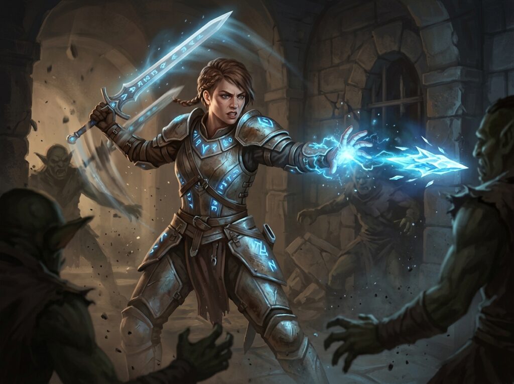 femme Chevalier occulte classe guerriere Elle dresse une épée runique contre ses adversaires et de l'autre main lance un projectile de glace.