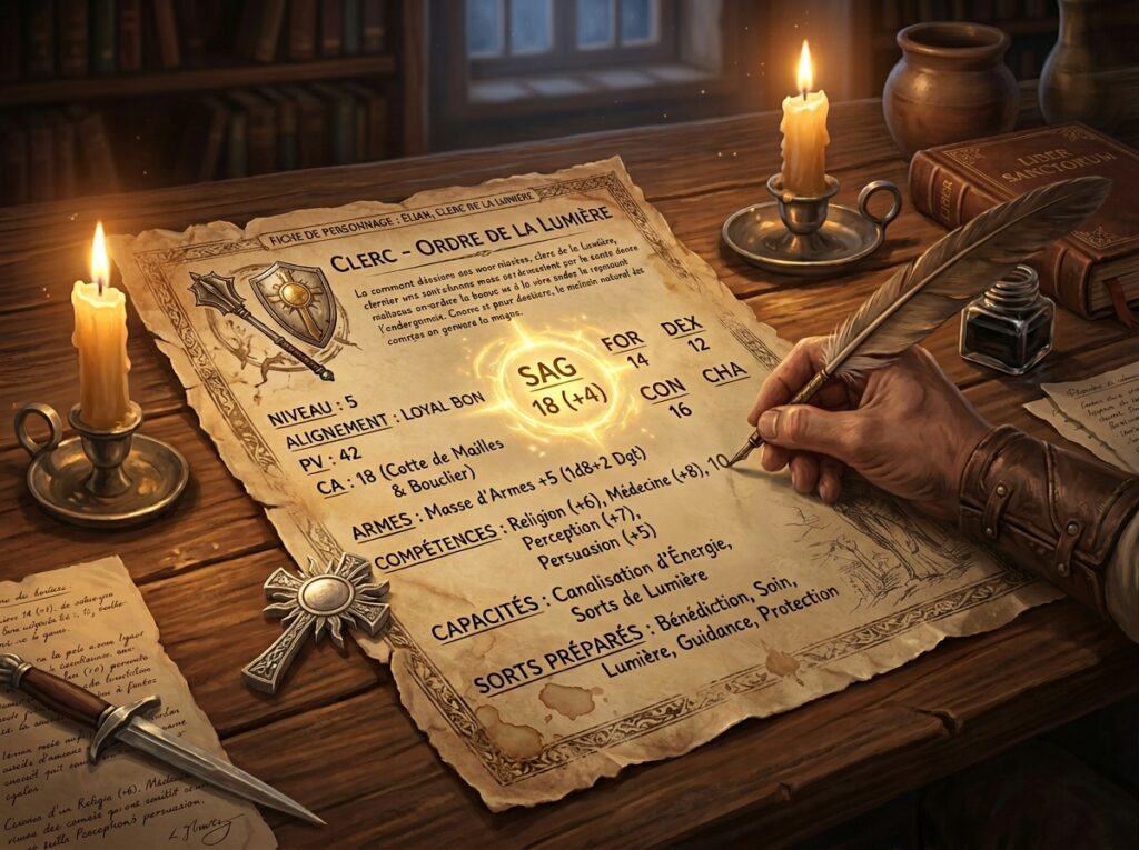 Une feuille de personnage de donjon et dragon avec entouré la stat sagesse.
