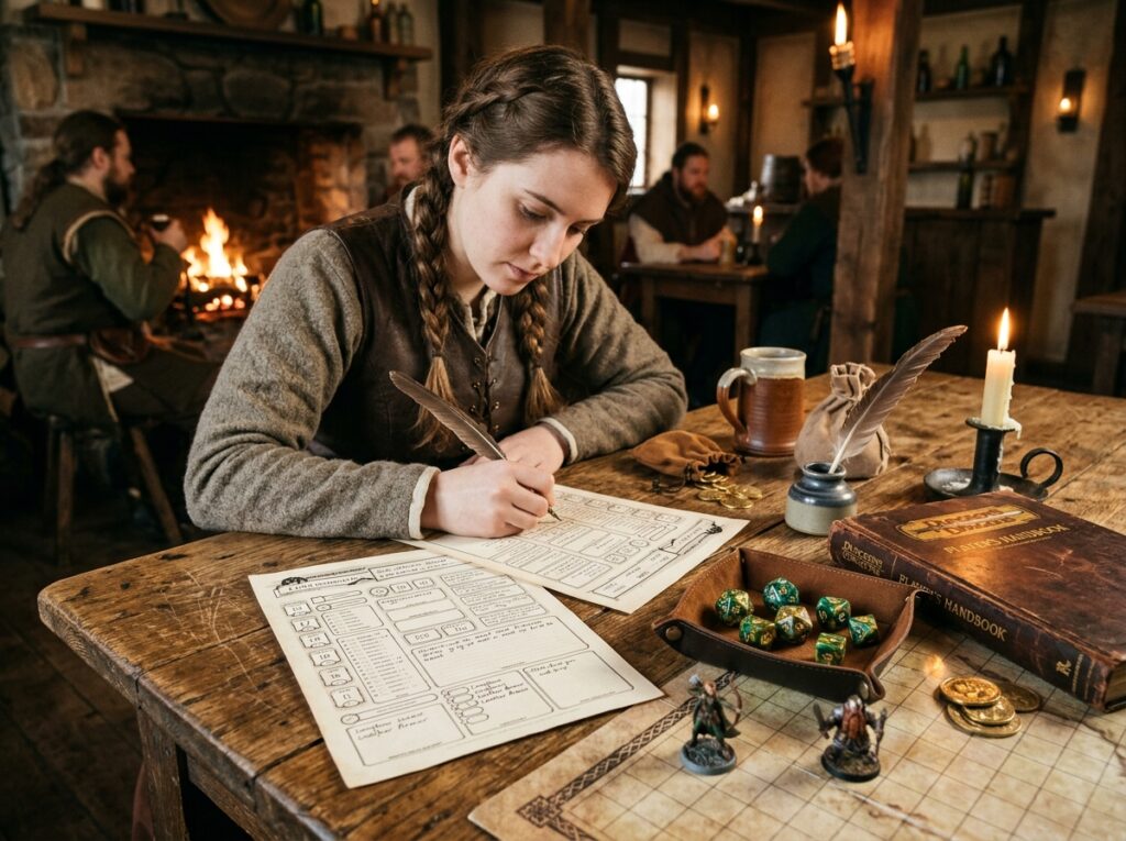 Créer un personnage DnD 2024 : guide complet pour bien débuter dans Donjons et Dragons 5 Une jeune femme crée une fiche de donjon et dragon habillée en médiéval dans une taverne médiévale.