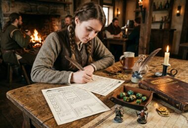 Une jeune femme crée une fiche de donjon et dragon habillée en médiéval dans une taverne médiévale.